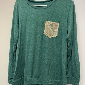 Green Long Sleeve Top with Sequin Pocket